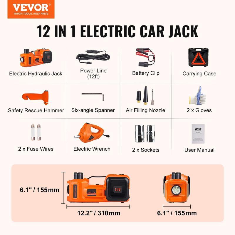 Gato eléctrico para coche, gato hidráulico de 5 toneladas/11023 libras con llave de impacto eléctrica, elevador portátil para coche con bomba de inflado integrada y luz LED para cambio de neumáticos, reparación en garaje de SUV, monovolúmenes, sedanes y c